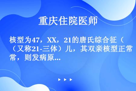 核型为47，XX，21的唐氏综合征（又称21-三体）儿，其双亲核型正常，则发病原因是（）