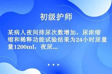 某病人夜间排尿次数增加，尿浓缩和稀释功能试验结果为24小时尿量1200ml，夜尿量800ml，比重为...