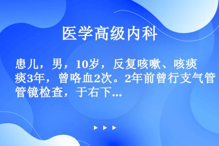 患儿，男，10岁，反复咳嗽、咳痰3年，曾咯血2次。2年前曾行支气管镜检查，于右下叶支气管取出异物（瓜...