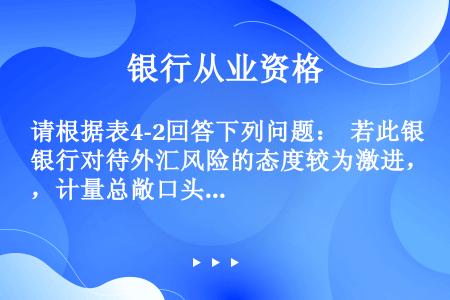 请根据表4-2回答下列问题：  若此银行对待外汇风险的态度较为激进，计量总敞口头寸时主要考虑不同货币...