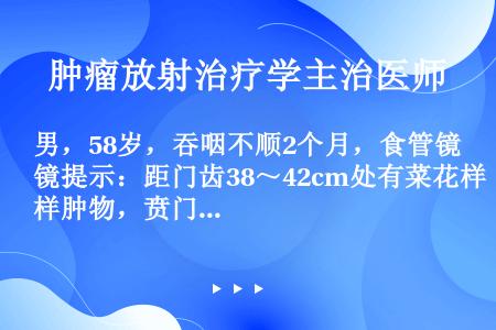 男，58岁，吞咽不顺2个月，食管镜提示：距门齿38～42cm处有菜花样肿物，贲门口位于40cm处，活...