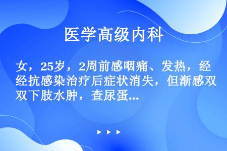 女，25岁，2周前感咽痛、发热，经抗感染治疗后症状消失，但渐感双下肢水肿，查尿蛋白++++，定量6....