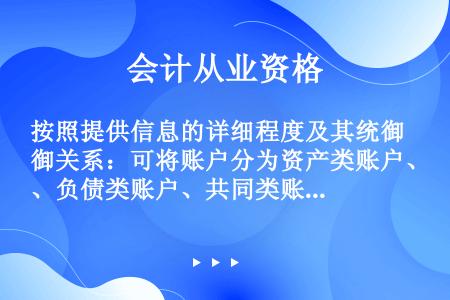 按照提供信息的详细程度及其统御关系：可将账户分为资产类账户、负债类账户、共同类账户、所有者权益类账户...