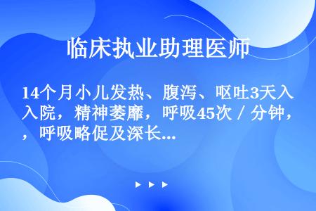 14个月小儿发热、腹泻、呕吐3天入院，精神萎靡，呼吸45次／分钟，呼吸略促及深长，中度失水征，腹软气...