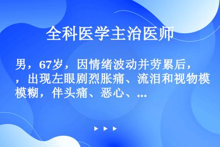 男，67岁，因情绪波动并劳累后，出现左眼剧烈胀痛、流泪和视物模糊，伴头痛、恶心、呕吐；检查可见结膜充...