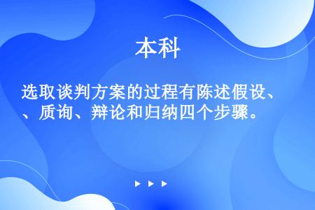 选取谈判方案的过程有陈述假设、质询、辩论和归纳四个步骤。