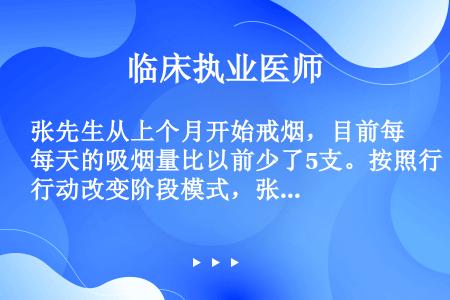 张先生从上个月开始戒烟，目前每天的吸烟量比以前少了5支。按照行动改变阶段模式，张先生现在处于哪个阶段...