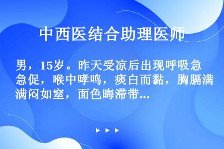 男，15岁。昨天受凉后出现呼吸急促，喉中哮鸣，痰白而黏，胸膈满闷如窒，面色晦滞带青，发热，恶寒，无汗...