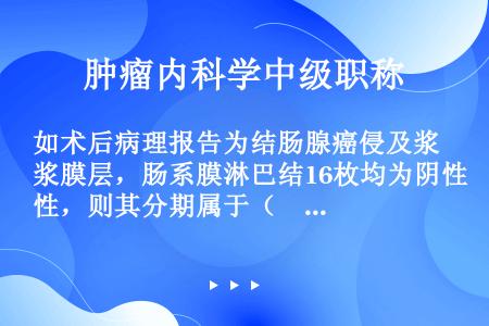 如术后病理报告为结肠腺癌侵及浆膜层，肠系膜淋巴结16枚均为阴性，则其分期属于（　　）。