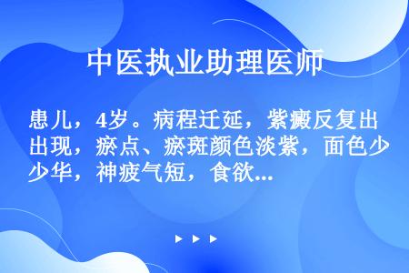 患儿，4岁。病程迁延，紫癜反复出现，瘀点、瘀斑颜色淡紫，面色少华，神疲气短，食欲不振，头晕心悸，舌质...