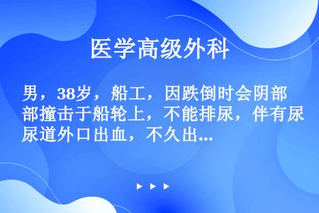 男，38岁，船工，因跌倒时会阴部撞击于船轮上，不能排尿，伴有尿道外口出血，不久出现阴茎、阴囊、会阴和...