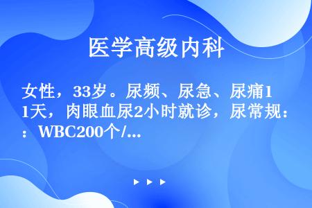 女性，33岁。尿频、尿急、尿痛1天，肉眼血尿2小时就诊，尿常规：WBC200个/HP，RBC150个...