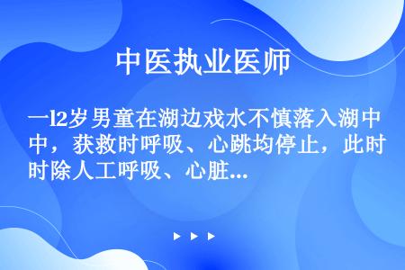 一l2岁男童在湖边戏水不慎落入湖中，获救时呼吸、心跳均停止，此时除人工呼吸、心脏按压外，还需采取哪些...