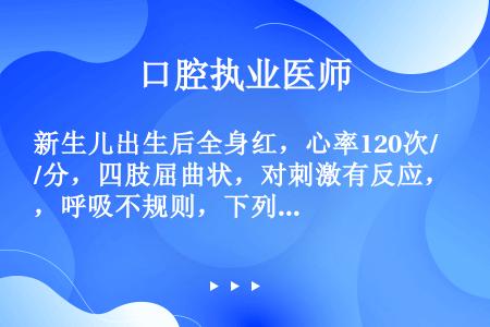 新生儿出生后全身红，心率120次/分，四肢屈曲状，对刺激有反应，呼吸不规则，下列处理哪项正确？（　　...