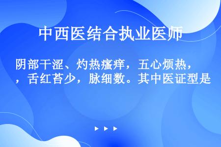 阴部干涩、灼热瘙痒，五心烦热，舌红苔少，脉细数。其中医证型是