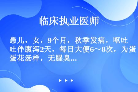 患儿，女，9个月，秋季发病，呕吐伴腹泻2天，每日大便6～8次，为蛋花汤样，无腥臭味，哭时有泪，尿量减...