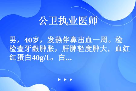 男，40岁，发热伴鼻出血一周。检查牙龈肿胀，肝脾轻度肿大；血红蛋白40g/L，白细胞6.0×109/...