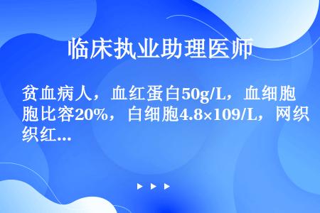 贫血病人，血红蛋白50g/L，血细胞比容20%，白细胞4.8×109/L，网织红细胞2%，红细胞平均...