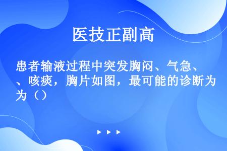 患者输液过程中突发胸闷、气急、咳痰，胸片如图，最可能的诊断为（）