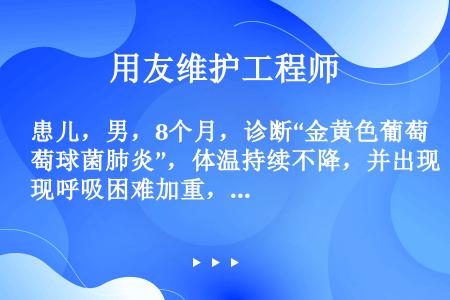 患儿，男，8个月，诊断“金黄色葡萄球菌肺炎”，体温持续不降，并出现呼吸困难加重，经吸痰及给氧处理后无...