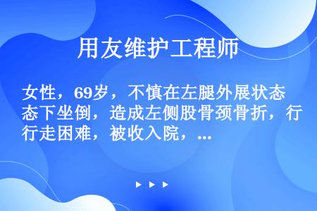 女性，69岁，不慎在左腿外展状态下坐倒，造成左侧股骨颈骨折，行走困难，被收入院，拟行皮牵引治疗。该患...