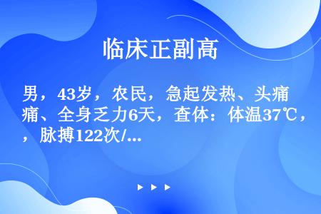 男，43岁，农民，急起发热、头痛、全身乏力6天，查体：体温37℃，脉搏122次/分，血压70/60m...