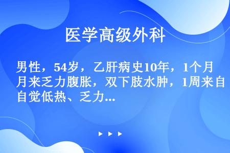 男性，54岁，乙肝病史10年，1个月来乏力腹胀，双下肢水肿，1周来自觉低热、乏力、腹胀日益加重，腹痛...