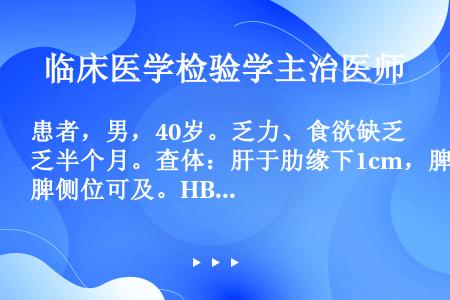 患者，男，40岁。乏力、食欲缺乏半个月。查体：肝于肋缘下1cm，脾侧位可及。HBsAg（+）、HBe...