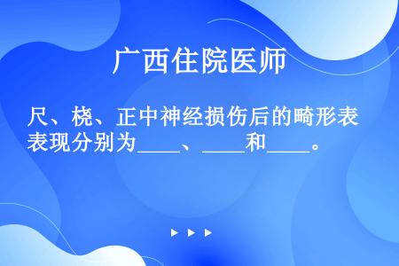 尺、桡、正中神经损伤后的畸形表现分别为____、____和____。