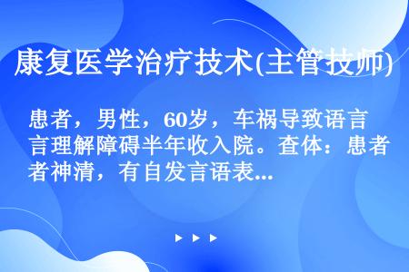 患者，男性，60岁，车祸导致语言理解障碍半年收入院。查体：患者神清，有自发言语表达，但不能和周围人进...