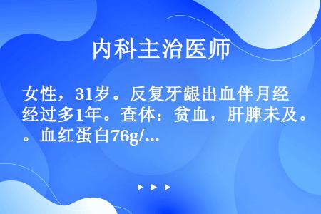 女性，31岁。反复牙龈出血伴月经过多1年。查体：贫血，肝脾未及。血红蛋白76g/L，出血时间延长，凝...