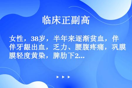 女性，38岁，半年来逐渐贫血，伴牙龈出血，乏力、腰腹疼痛，巩膜轻度黄染，脾肋下2cm，不肿大，检验：...