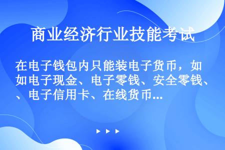 在电子钱包内只能装电子货币，如电子现金、电子零钱、安全零钱、电子信用卡、在线货币、数字货币等，这些电...