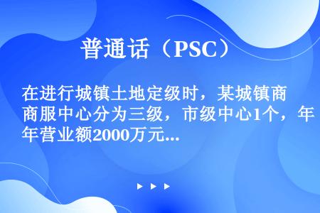 在进行城镇土地定级时，某城镇商服中心分为三级，市级中心1个，年营业额2000万元；区级中心2个，年平...