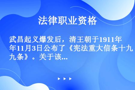 武昌起义爆发后，清王朝于1911年11月3日公布了《宪法重大信条十九条》。关于该宪法性文件，下列哪一...