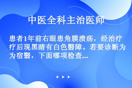 患者1年前右眼患角膜溃疡，经治疗后现黑睛有白色翳障。若要诊断为宿翳，下面哪项检查支持其诊断（）