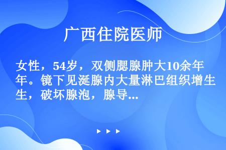 女性，54岁，双侧腮腺肿大10余年。镜下见涎腺内大量淋巴组织增生，破坏腺泡，腺导管增生形成上皮岛，病...