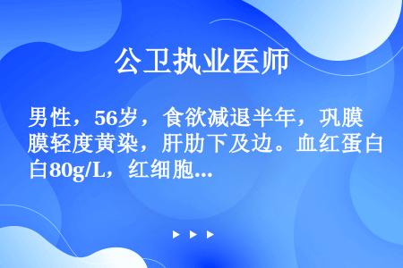 男性，56岁，食欲减退半年，巩膜轻度黄染，肝肋下及边。血红蛋白80g/L，红细胞3.1×10 /L，...