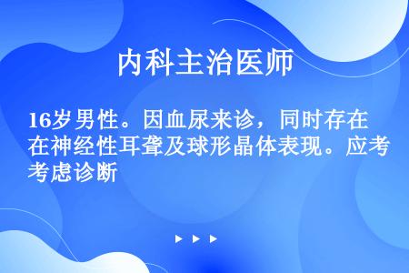 16岁男性。因血尿来诊，同时存在神经性耳聋及球形晶体表现。应考虑诊断