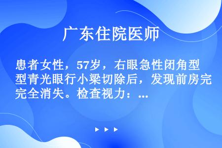 患者女性，57岁，右眼急性闭角型青光眼行小梁切除后，发现前房完全消失。检查视力：右0.5，左1.2，...