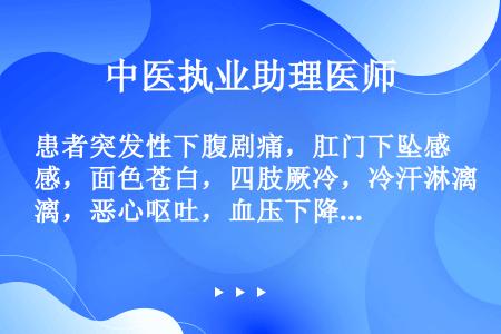 患者突发性下腹剧痛，肛门下坠感，面色苍白，四肢厥冷，冷汗淋漓，恶心呕吐，血压下降，时有烦躁不安，脉微...