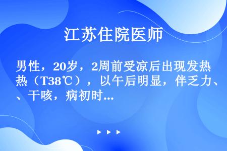 男性，20岁，2周前受凉后出现发热（T38℃），以午后明显，伴乏力、干咳，病初时感左下胸刺痛，深吸气...