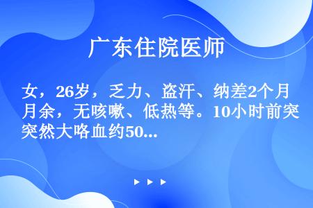 女，26岁，乏力、盗汗、纳差2个月余，无咳嗽、低热等。10小时前突然大咯血约500ml，目前最禁忌的...