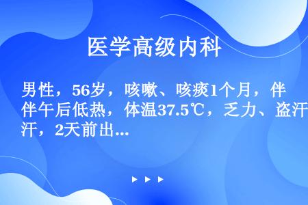 男性，56岁，咳嗽、咳痰1个月，伴午后低热，体温37.5℃，乏力、盗汗，2天前出现咯血，每天约4～5...