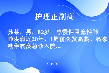 孙某，男，82岁。患慢性阻塞性肺疾病近20年，1周前突发高热、咳嗽伴咳痰急诊入院。入院后给予抗生素经...