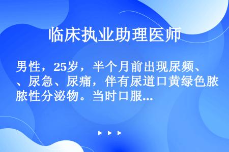 男性，25岁，半个月前出现尿频、尿急、尿痛，伴有尿道口黄绿色脓性分泌物。当时口服环丙沙星治疗3天，症...