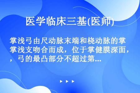 掌浅弓由尺动脉末端和桡动脉的掌浅支吻合而成，位于掌健膜深面，弓的最凸部分不超过第（）掌横纹，由弓发出...