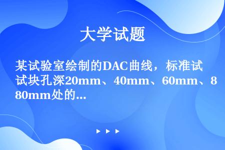 某试验室绘制的DAC曲线，标准试块孔深20mm、40mm、60mm、80mm处的波幅依次为52dB、...
