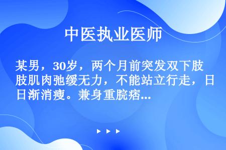 某男，30岁，两个月前突发双下肢肌肉弛缓无力，不能站立行走，日渐消瘦。兼身重脘痞，小便赤涩，舌红、苔...