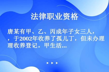 唐某有甲、乙、丙成年子女三人，于2002年收养了孤儿丁，但未办理收养登记。甲生活条件较好但未对唐某尽...